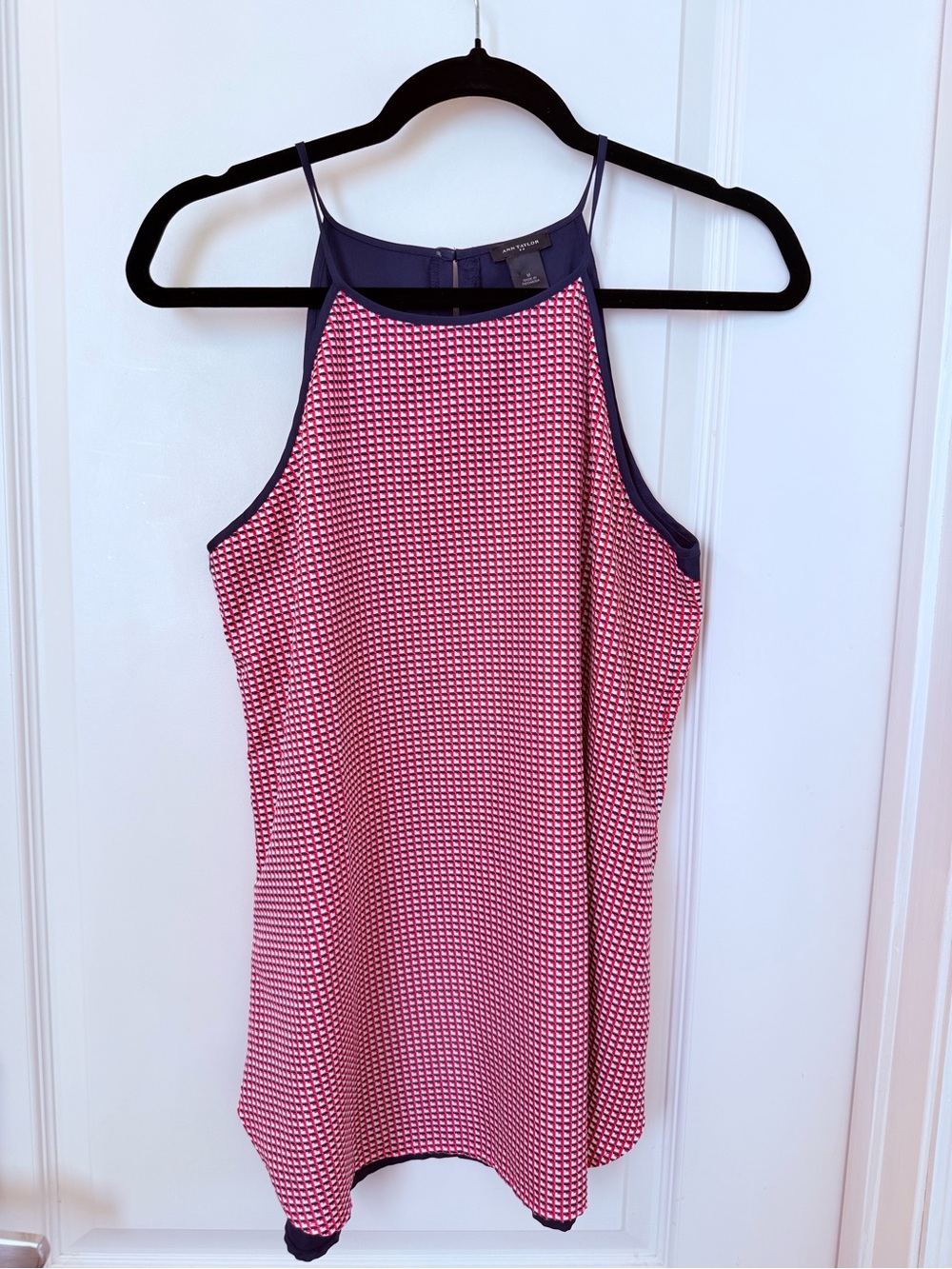 Ann Taylor Pink Geometric Halter Tank with Navy Trim
